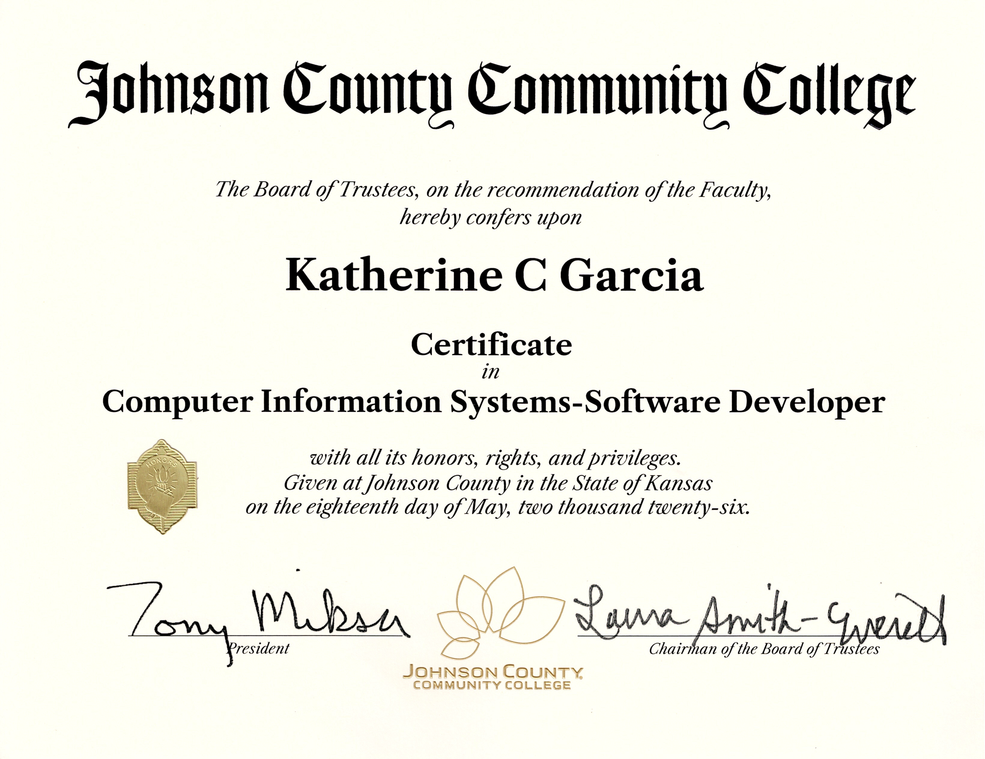 Johnson County Community College Associate of Applied Science, Computer Information Systems diploma