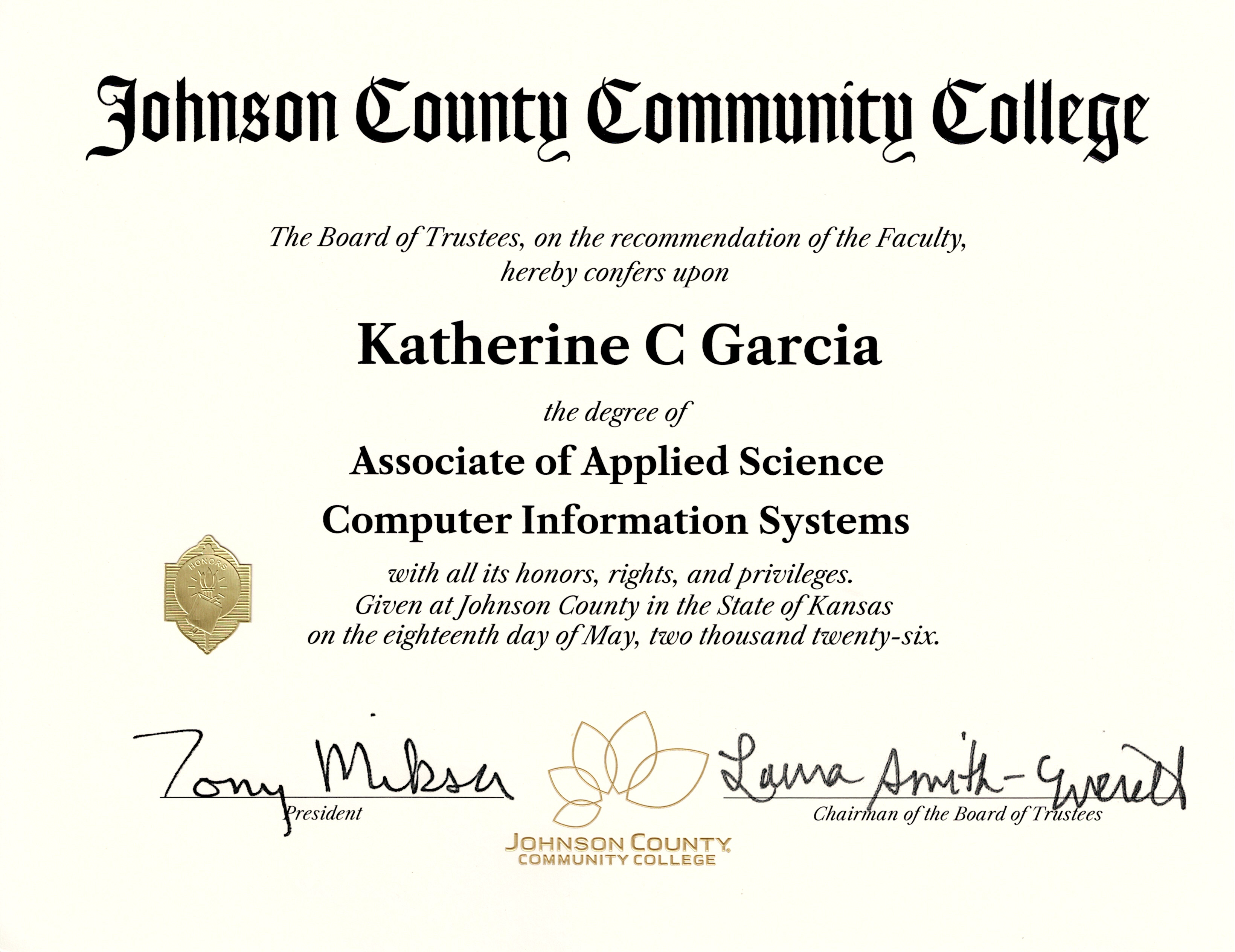 Johnson County Community College Certificate in Computer Information Systems, Software Developer