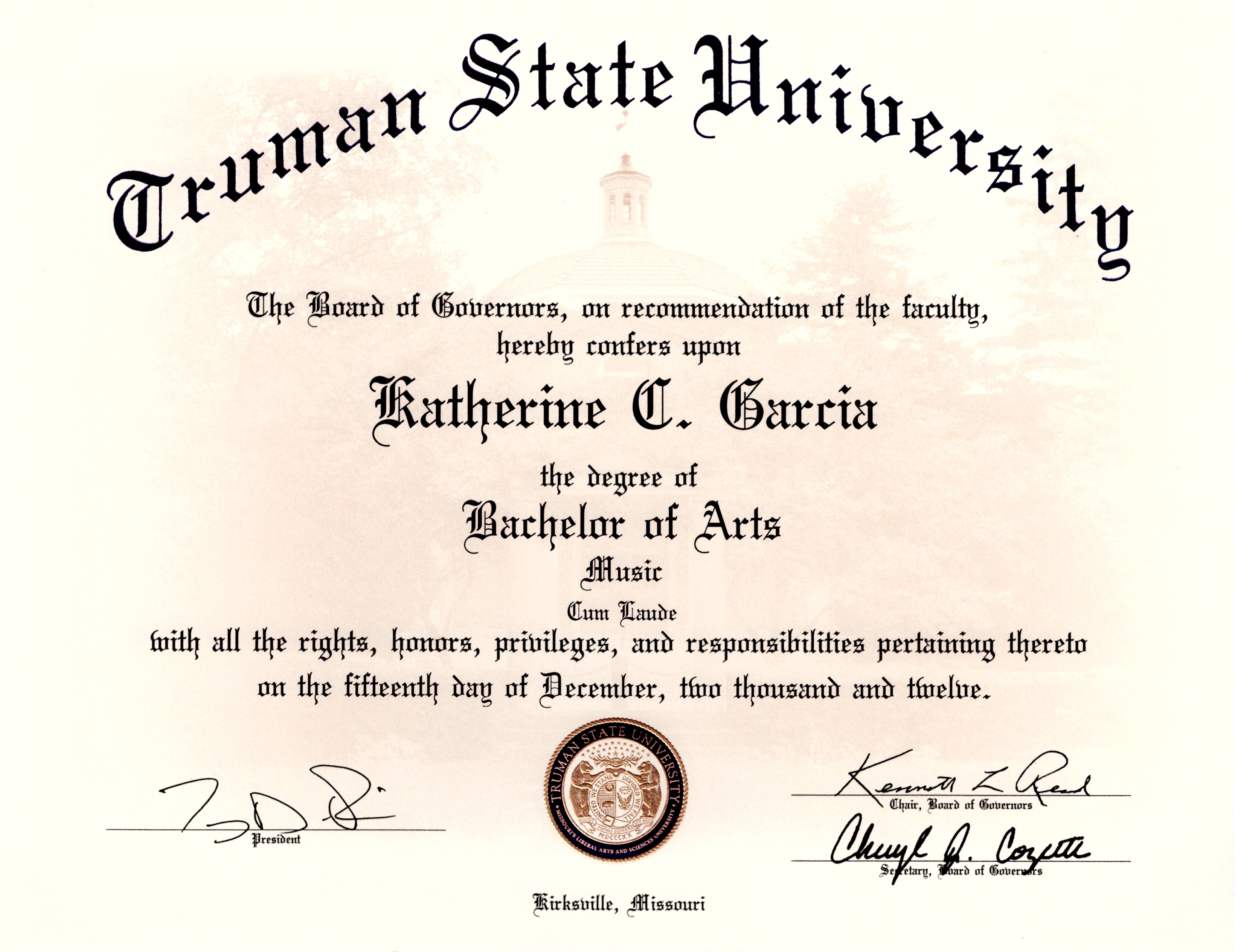 Truman State University Bachelor of Arts in Music diploma, cum laude